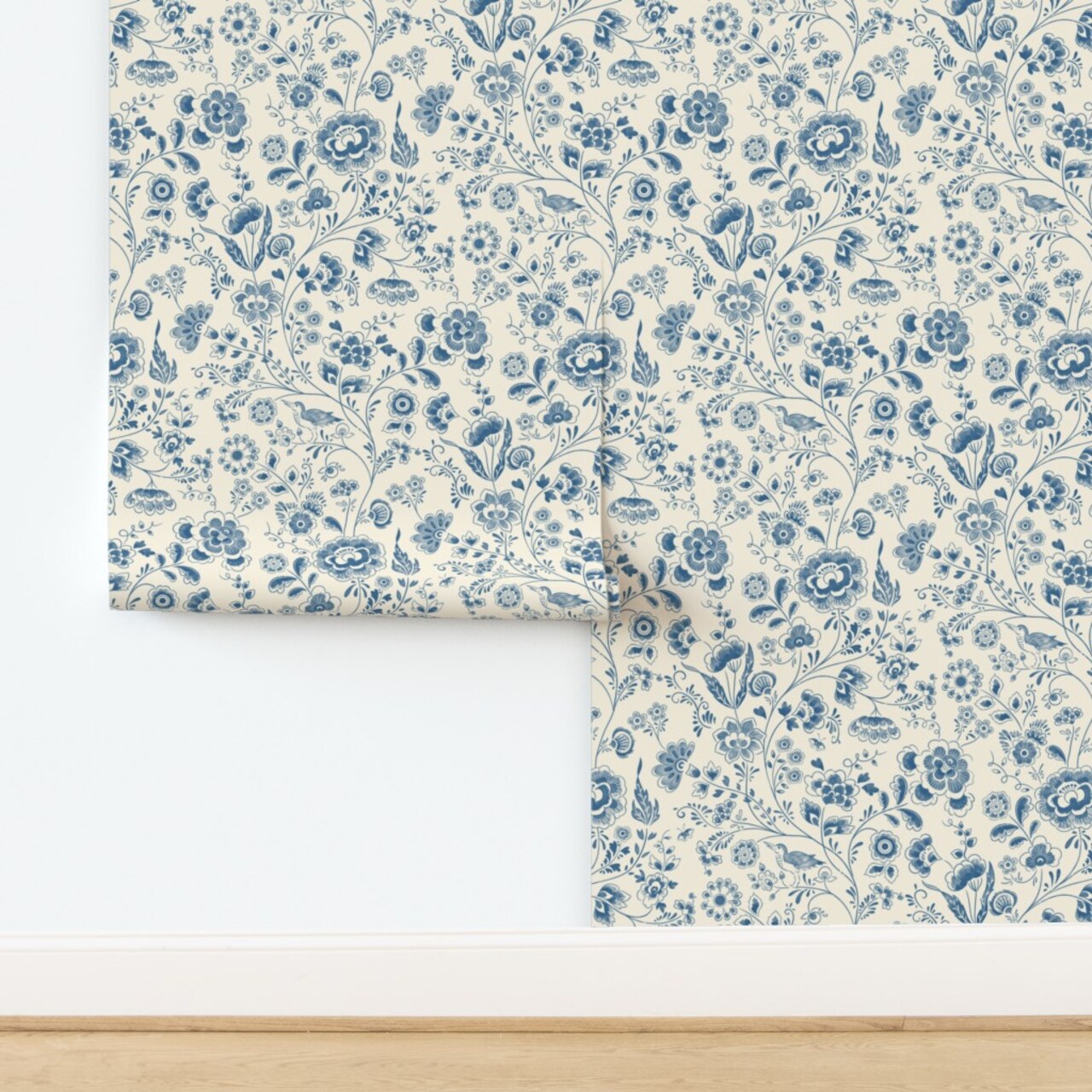 Trailing Floral Retro Beige Watercolor Garden Traditional Flowers Classic Grandmillennial Custom Pre-pasted Wallpaper by Spoonflower Pre-Pasted Wallpaper 2FT Wide